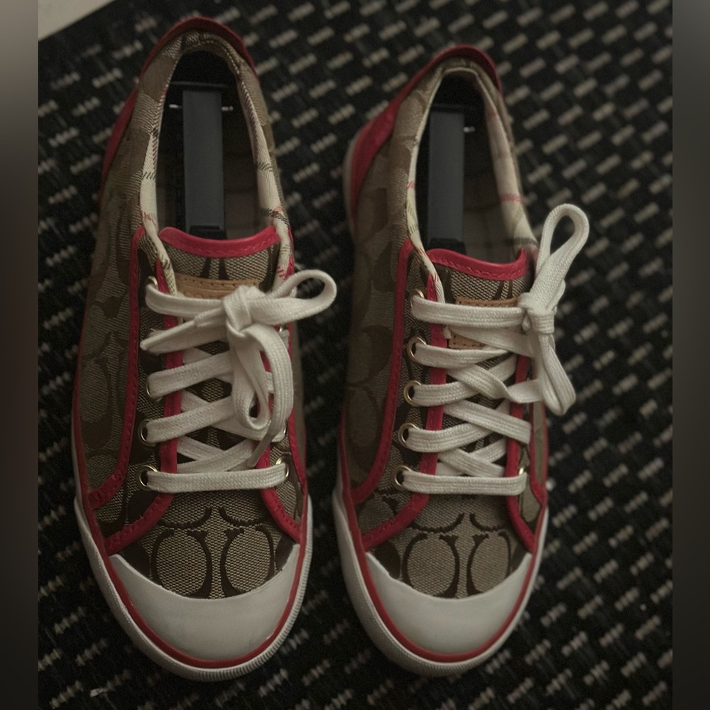 Coach “Barrett” Sneakers Brown Signature Canvas Sneakers with Pink Leather Trim - Picture 2 of 16